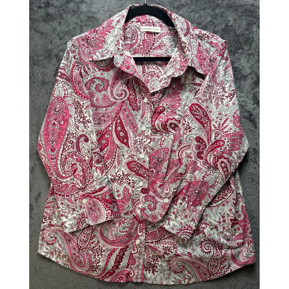 Coldwater Creek Women’s XL Stretch Woven Paisley Button-Up Collared Shirt Pink